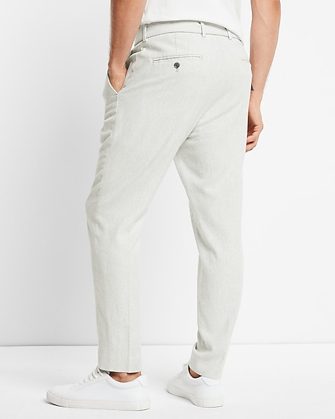 Slim Solid White Belted Cotton Twill Cropped Suit Pant