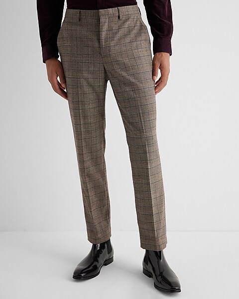 Express Men, Extra Slim Brown Plaid Flannel Jogger Dress Pant in Print
