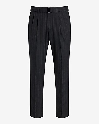 Slim Charcoal Gray Pinstripe Flannel Belted Suit Pant
