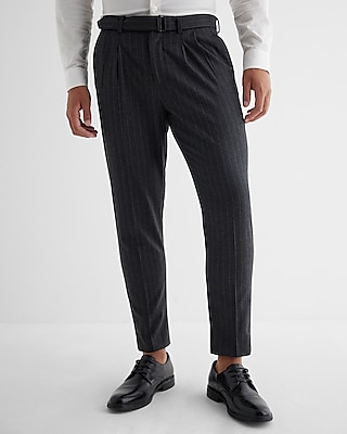 Slim Charcoal Gray Pinstripe Flannel Belted Suit Pant