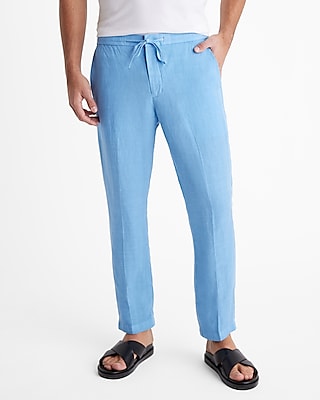 slim light blue linen-blend drawstring elastic waist suit pant