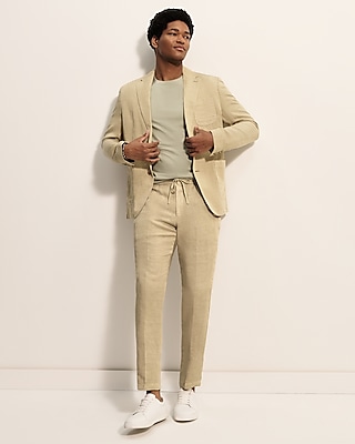 slim olive beige linen-blend drawstring elastic waist suit pant