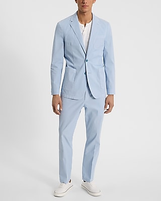 Slim Light Blue Cotton-Blend Drawstring Suit Pant