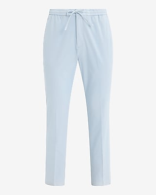 Slim Light Blue Cotton-Blend Drawstring Suit Pant