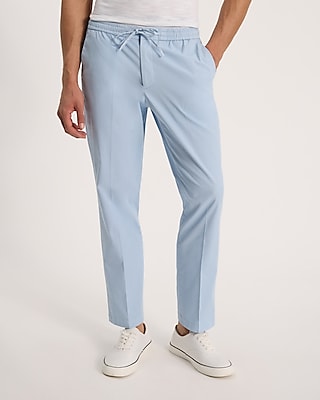 Slim Light Blue Cotton-Blend Drawstring Suit Pant