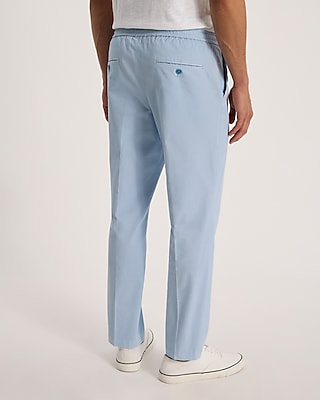 Slim Light Blue Cotton-Blend Drawstring Suit Pant