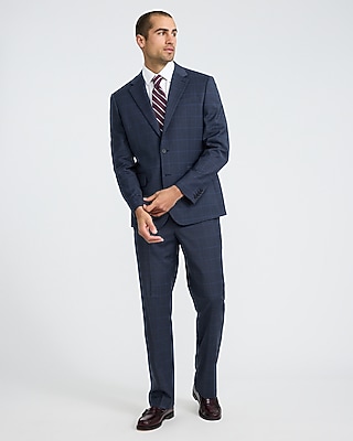 Classic Navy Plaid Wool-Blend Stretch Suit Pant