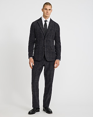 Slim Navy Plaid Wool-Blend Boucle Suit Pant