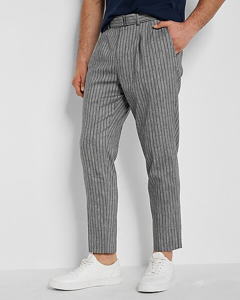 Slim Striped Gray Belted Linen-blend Cropped Dress Pant