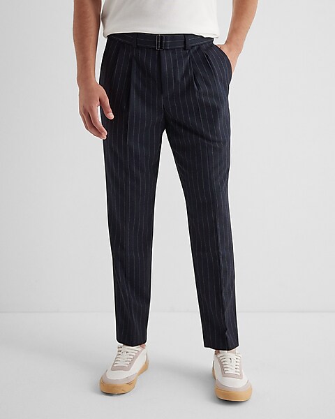 Brand Men's Pinstripe Pants Casual Elastic Long Trousers Cotton
