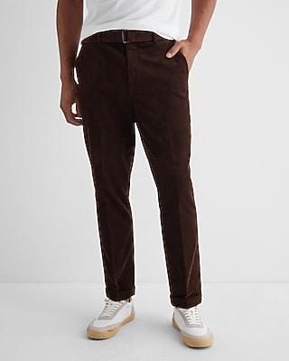 Slim Brown Corduroy Belted Dress Pant