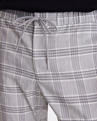 Slim Plaid Linen-Blend Drawstring Dress Pant