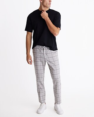 Slim Plaid Linen-Blend Drawstring Dress Pant