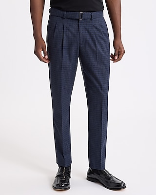 Slim Check Plaid Pleated Belted Dress Pant