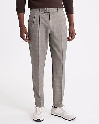 male high waisted pleated dress pants plaid gray Slim Plaid Pleated Belted Dress Pant