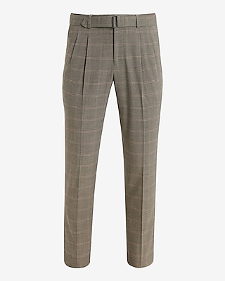 Slim Plaid Pleated Belted Dress Pant