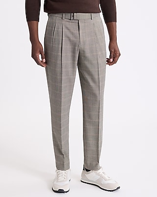 Slim Plaid Pleated Belted Dress Pant