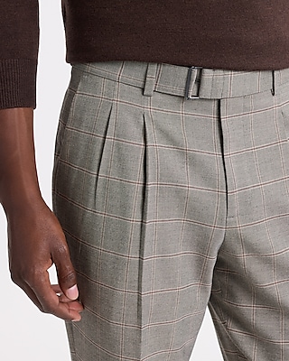 Slim Plaid Pleated Belted Dress Pant