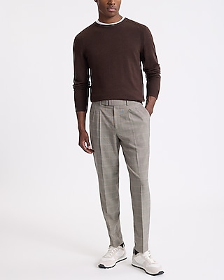 Slim Plaid Pleated Belted Dress Pant