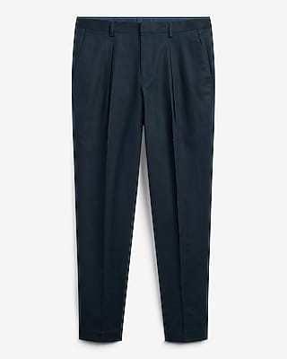 Dark Blue Linen Cotton Pleated Tapered Dress Pant