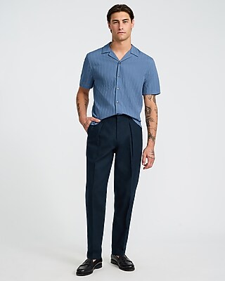 Dark Blue Linen Cotton Pleated Tapered Dress Pant