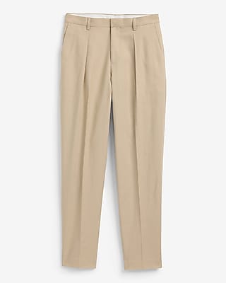 Beige Linen Cotton Pleated Tapered Dress Pant