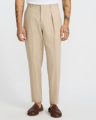 Beige Linen Cotton Pleated Tapered Dress Pant