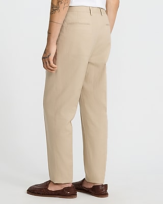 Beige Linen Cotton Pleated Tapered Dress Pant