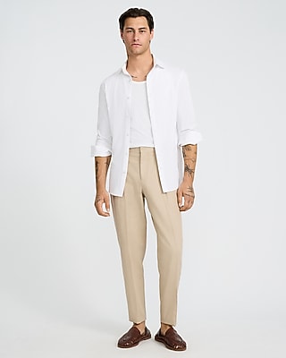Beige Linen Cotton Pleated Tapered Dress Pant