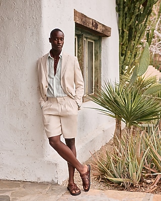 Baggy Natural Linen-Blend Pleated Suit Short