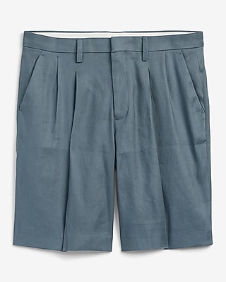 Baggy Blue Linen-blend Pleated Suit Short