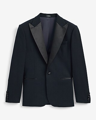 Slim Navy Herringbone Wool-Blend Tuxedo Jacket