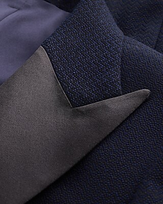 Slim Navy Herringbone Wool-Blend Tuxedo Jacket