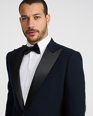 Slim Navy Herringbone Wool-Blend Tuxedo Jacket