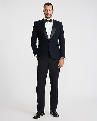Slim Navy Herringbone Wool-Blend Tuxedo Jacket