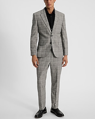 Slim Gray Plaid Wool-Blend Suit Jacket