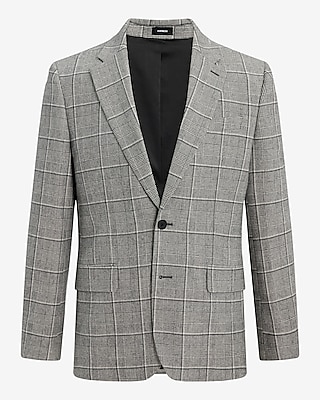 Slim Gray Plaid Wool-Blend Suit Jacket