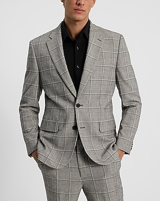 Slim Gray Plaid Wool-Blend Suit Jacket