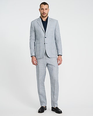 Slim Blue Plaid Linen-Blend Suit Jacket
