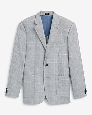 Slim Blue Plaid Linen-Blend Suit Jacket