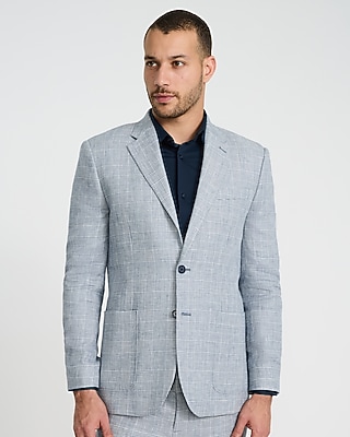 Slim Blue Plaid Linen-Blend Suit Jacket