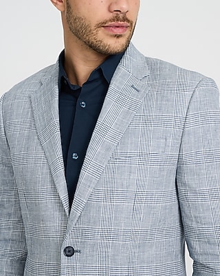 Slim Blue Plaid Linen-Blend Suit Jacket