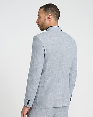 Slim Blue Plaid Linen-Blend Suit Jacket