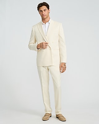 Slim Ivory Wool-Blend Double Breasted Suit Jacket