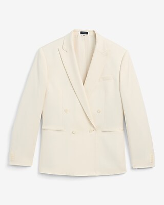 Slim Ivory Wool-Blend Double Breasted Suit Jacket
