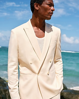 Slim Ivory Wool-Blend Double Breasted Suit Jacket
