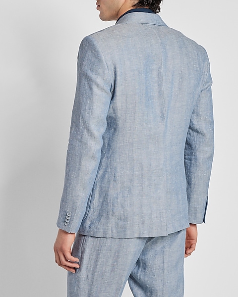 Slim Blue Herringbone Double Breasted Linen Suit Jacket | Express