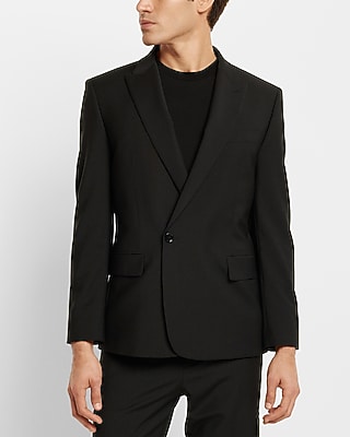 Slim Solid Black Wool-blend Double Breasted Suit Jacket