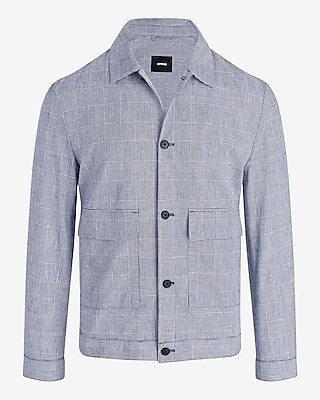 Slim Blue Plaid Linen-Blend Shirt Jacket