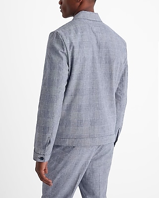 Slim Blue Plaid Linen-Blend Shirt Jacket